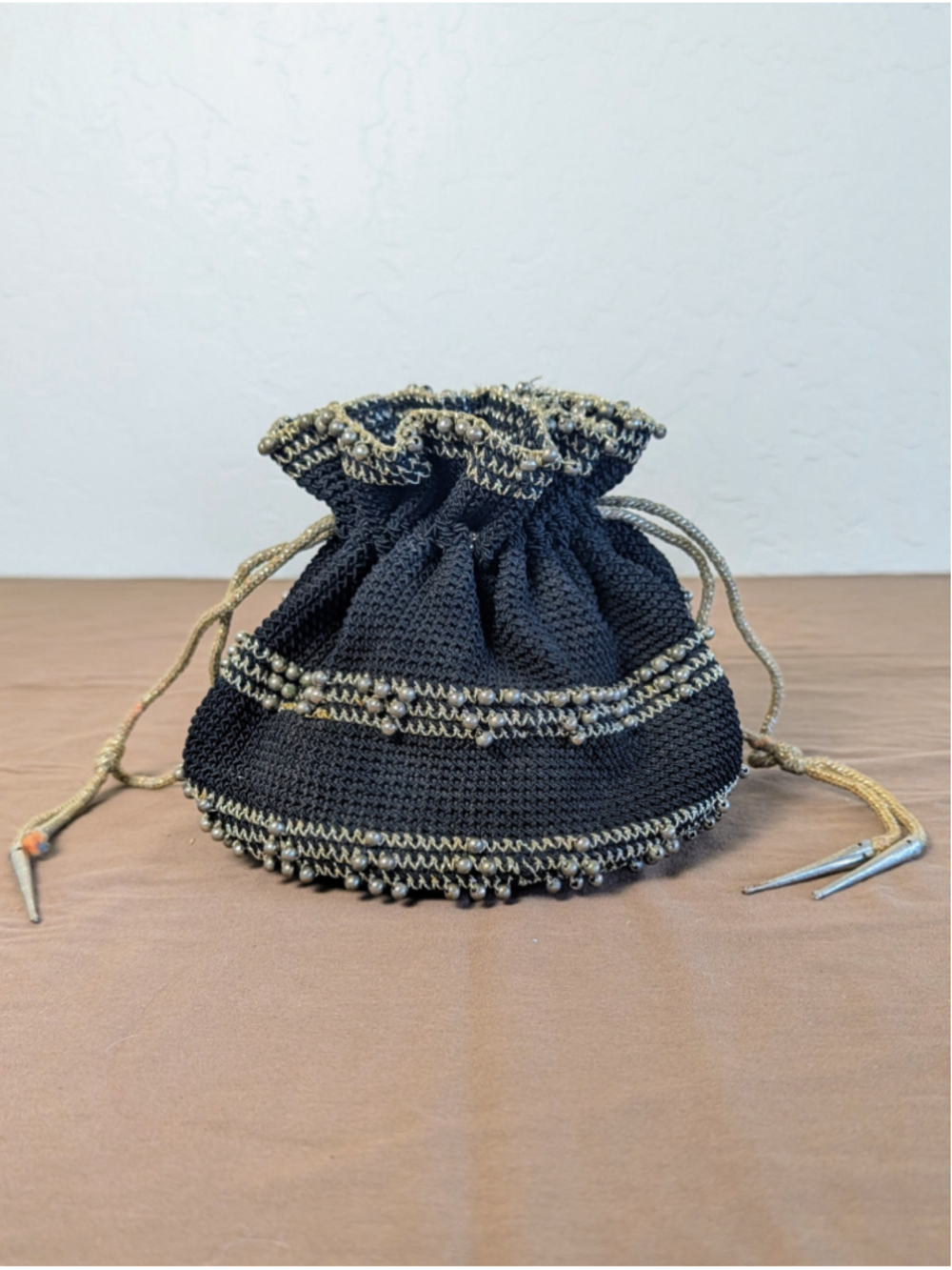 Vintage Black Crochet Evening Bag Beaded Drawstring Pouch Silver Beads Purse